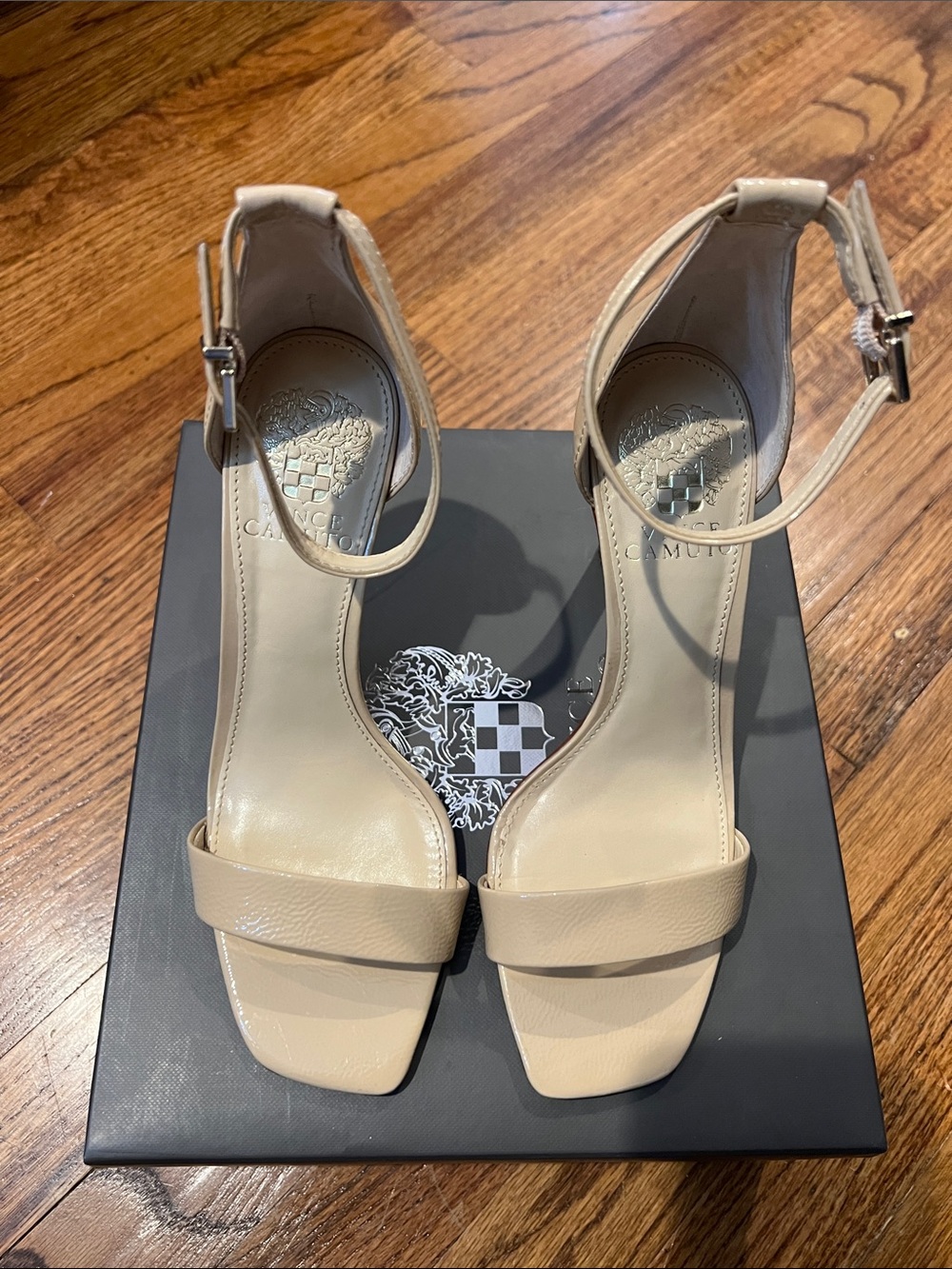 Vince Camuto Beige Ankle-Strap Square-Toe Heeled Sandals